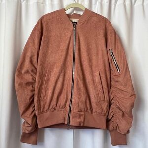 Men's Lifted Anchors Salmon Pink Bird Suede Zip Up Bomber Jacket Size Medium